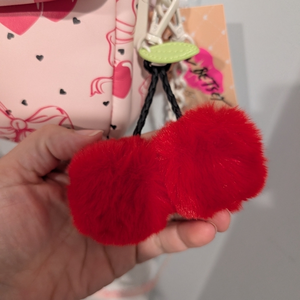 NWT Luv Betsey Pink Bow Cherries Black Hearts Crossbody Purse W/ Cherry Pompoms - Picture 4 of 10
